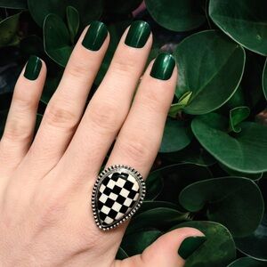Black White Checkered Inlay Adjustable Ring | 925 Sterling Silver Statement Ring